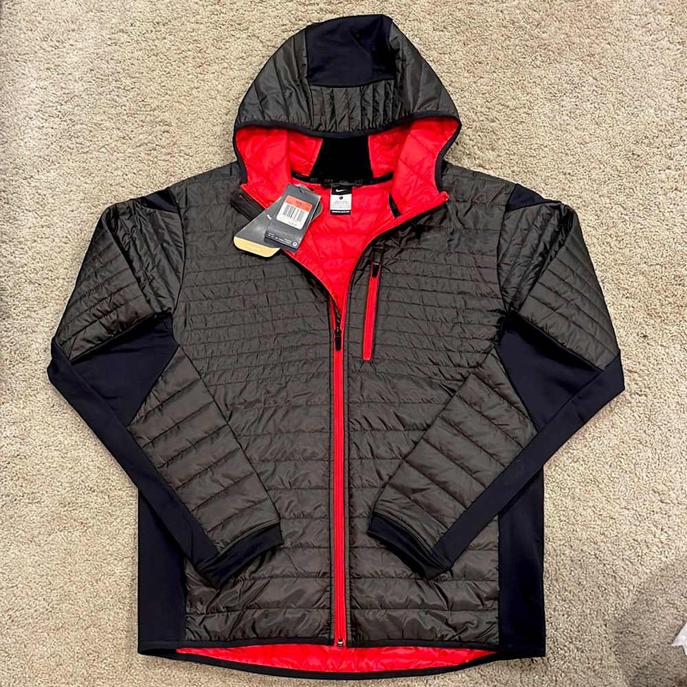 NWT Size Large Nike Dark Gray with Infrared lining, hooded compact down jacket